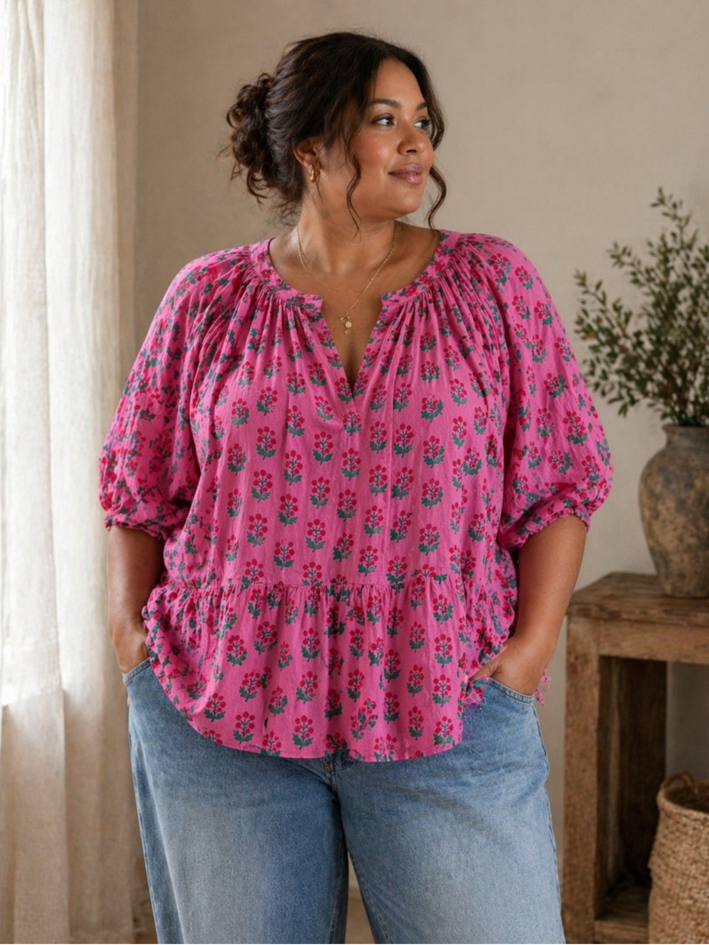 Printfresh Pink Floral Peasant Blouse